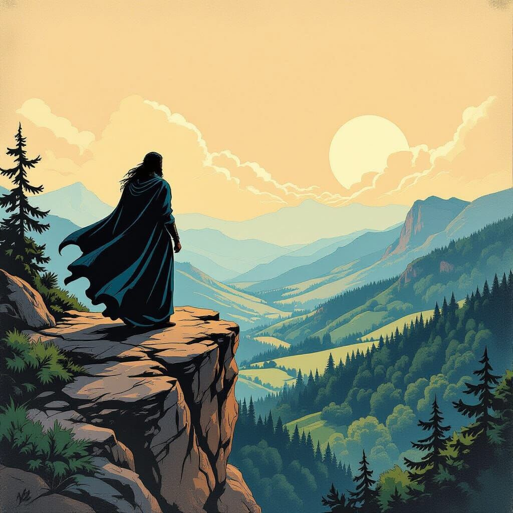 Lone Figure Gazing at Verdant Vista: Vintage Travel Poster