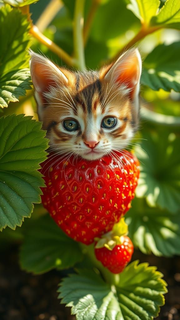 Kitten Blends with Strawberry in Dreamy Surrealist Scene
