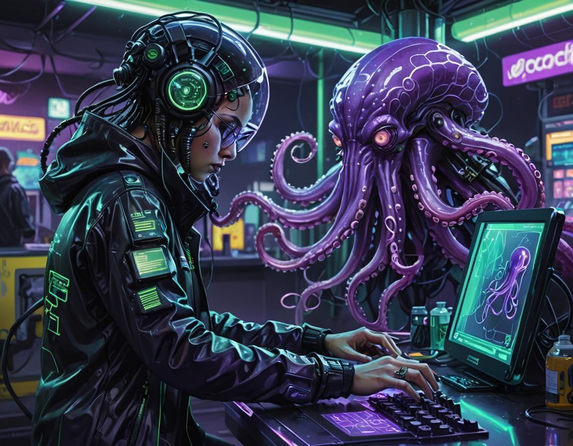 Underwater Cyberpunk Android Hacker Concept Art