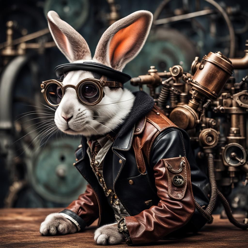 Steampunk Rabbit with Leather Jacket and Glasses
