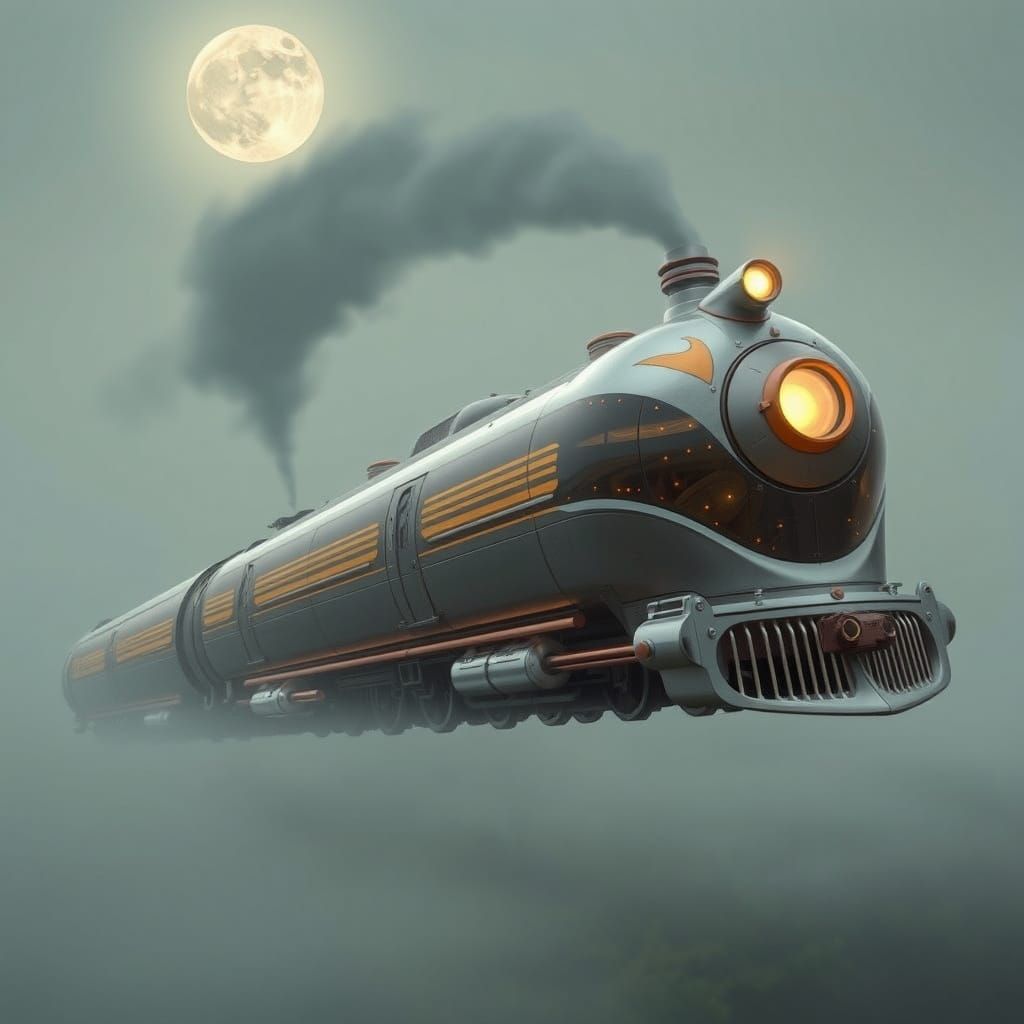 Retro-Futuristic Steam Train Takes Flight Under Moonlit Skie...
