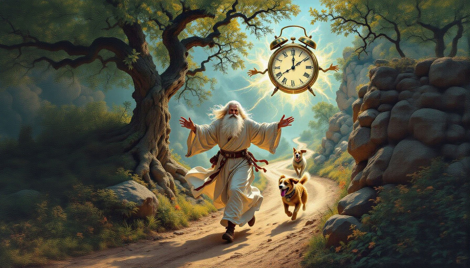 Father Time Running from Clock in Psychedelic Style