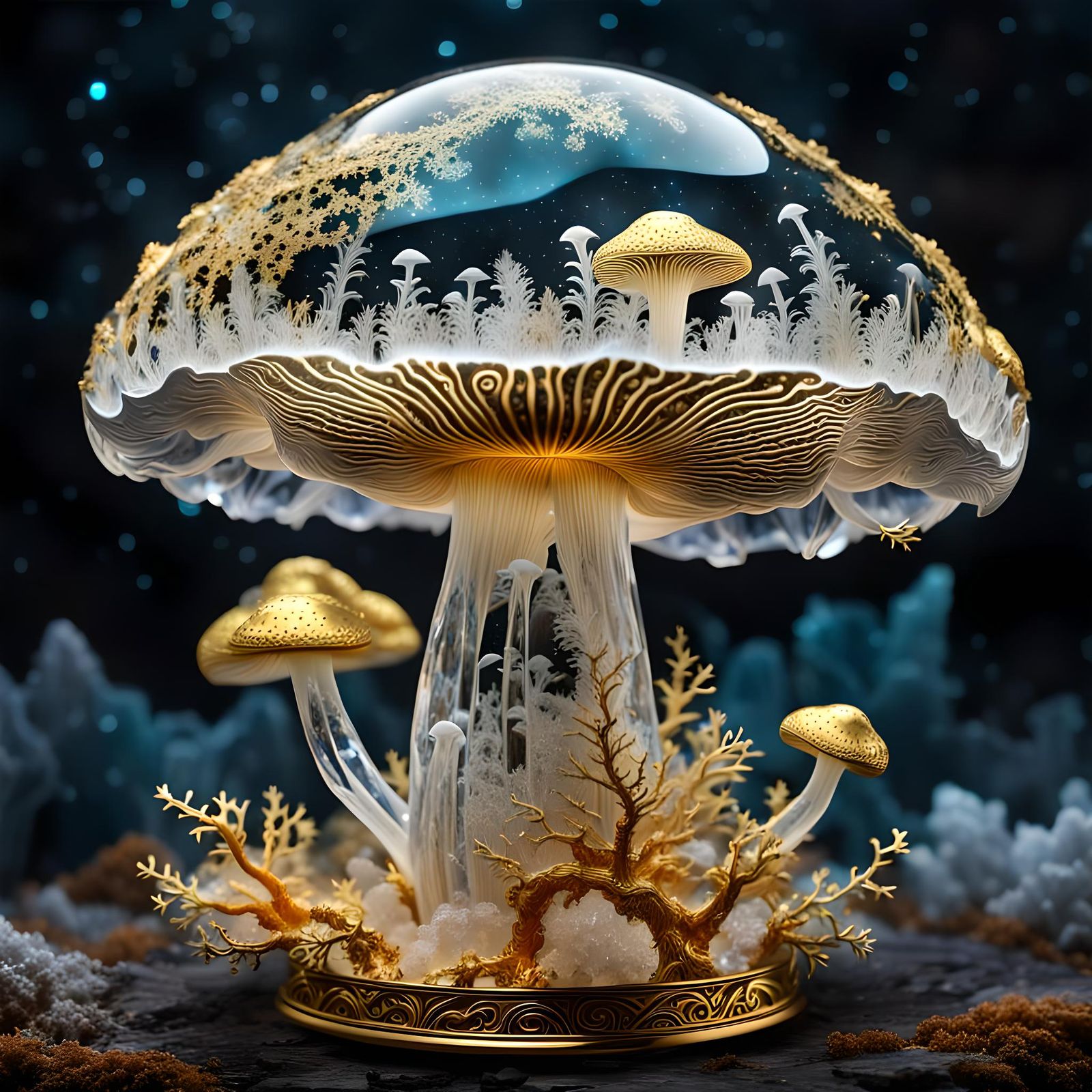 Translucent Ice Mushroom with Gold Fractal Trim
