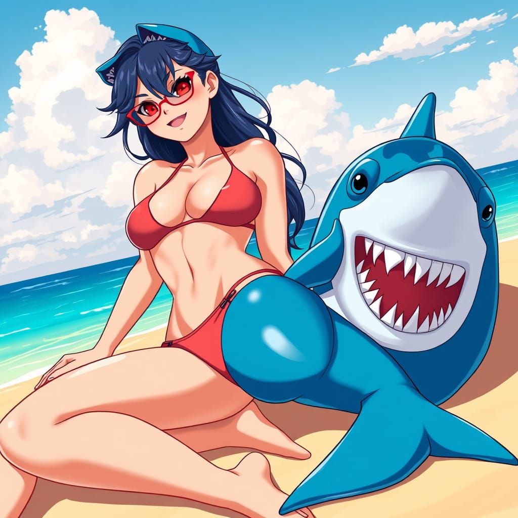 Seductive Shark-Woman Basks in Anime-Inspired Beach Scene