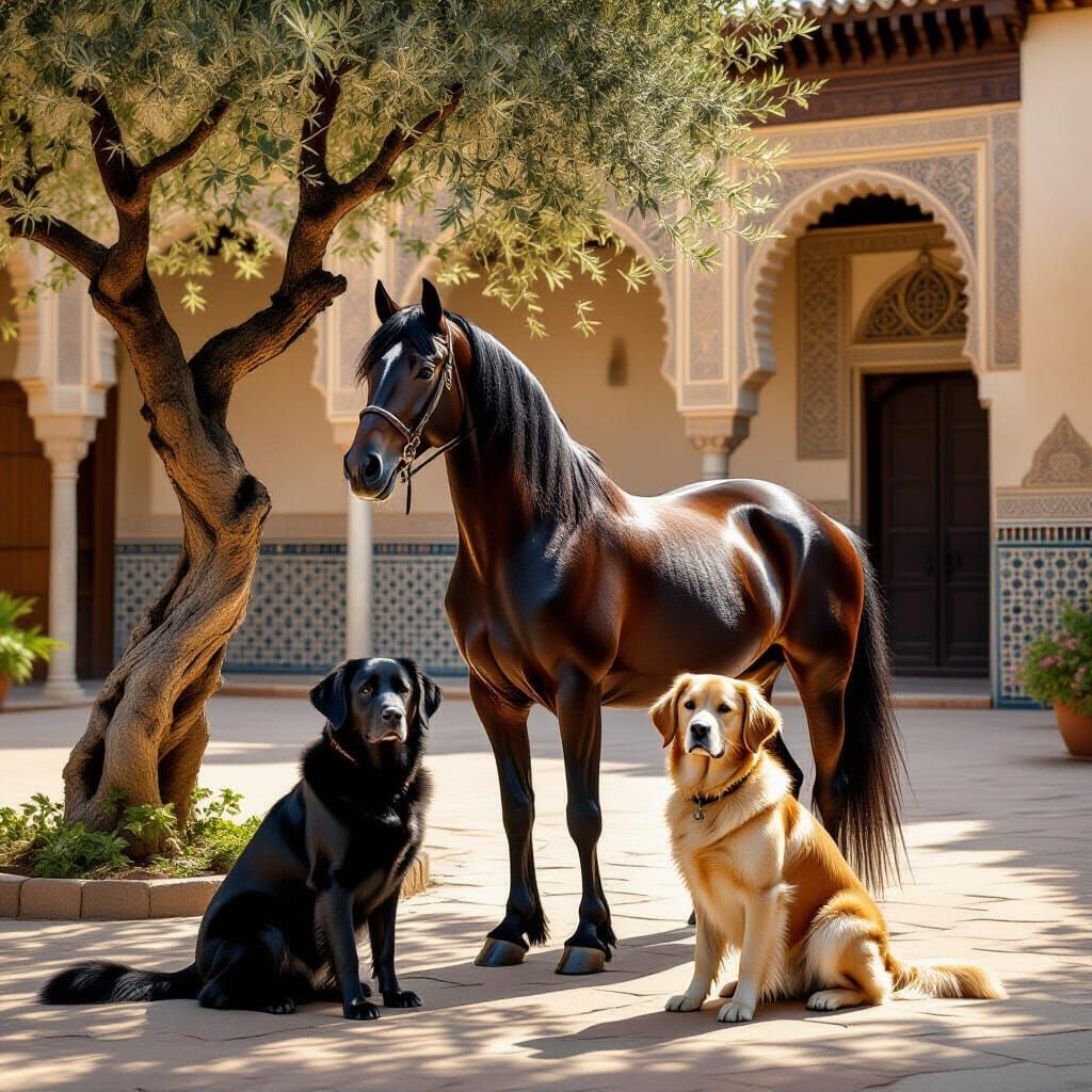Arabian Stallion with Dogs in Sun-Drenched Moorish Courtyard