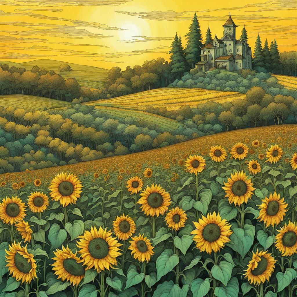 Enchanting Sunflower Field: Stylized Ink Art