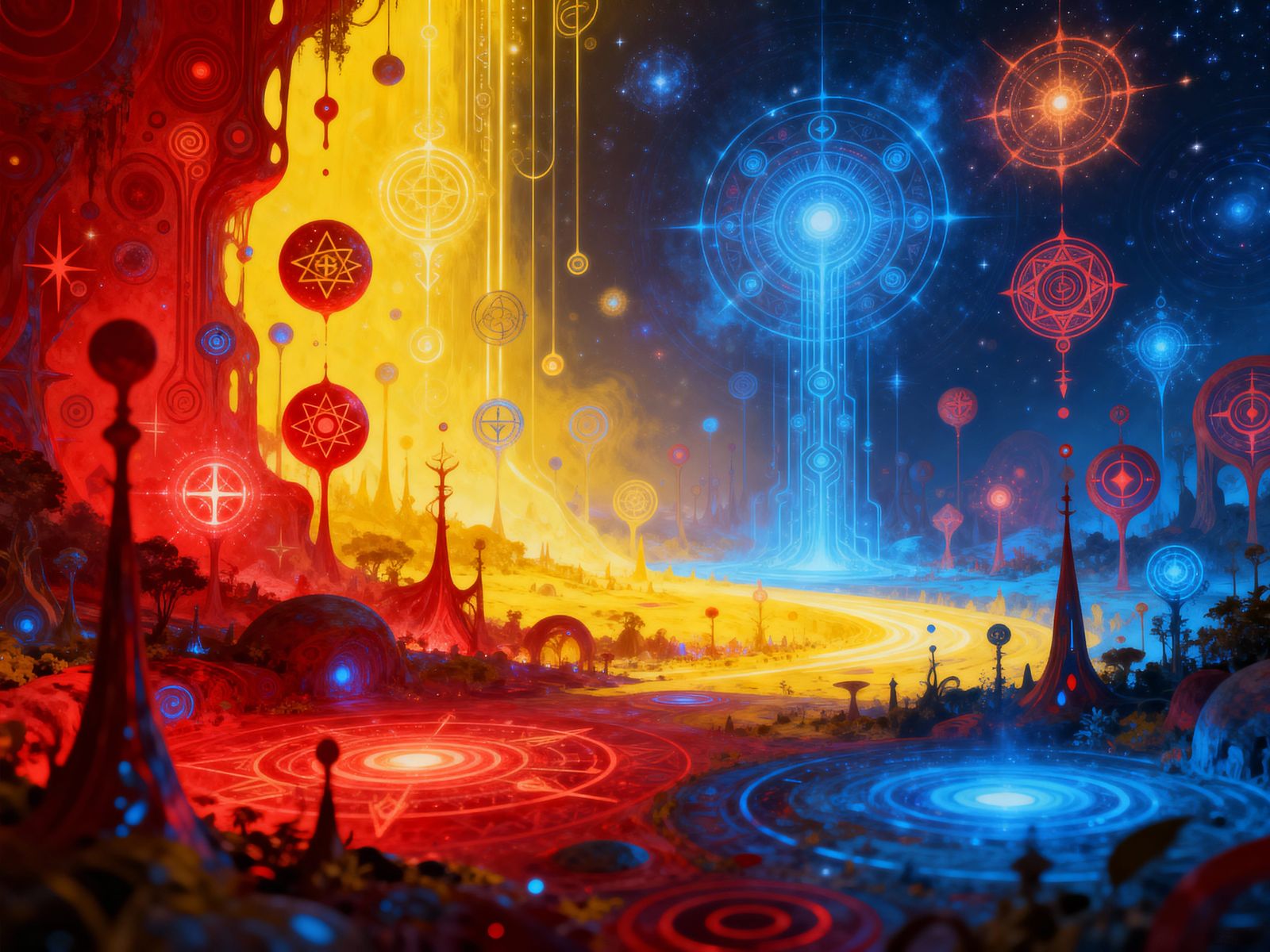 Surreal Geometric Landscape with Cosmic Symbols