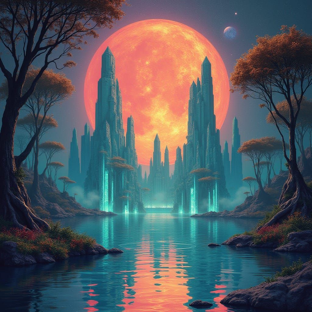 Surreal Solarpunk Oasis with Bioluminescent Mangrove Forest