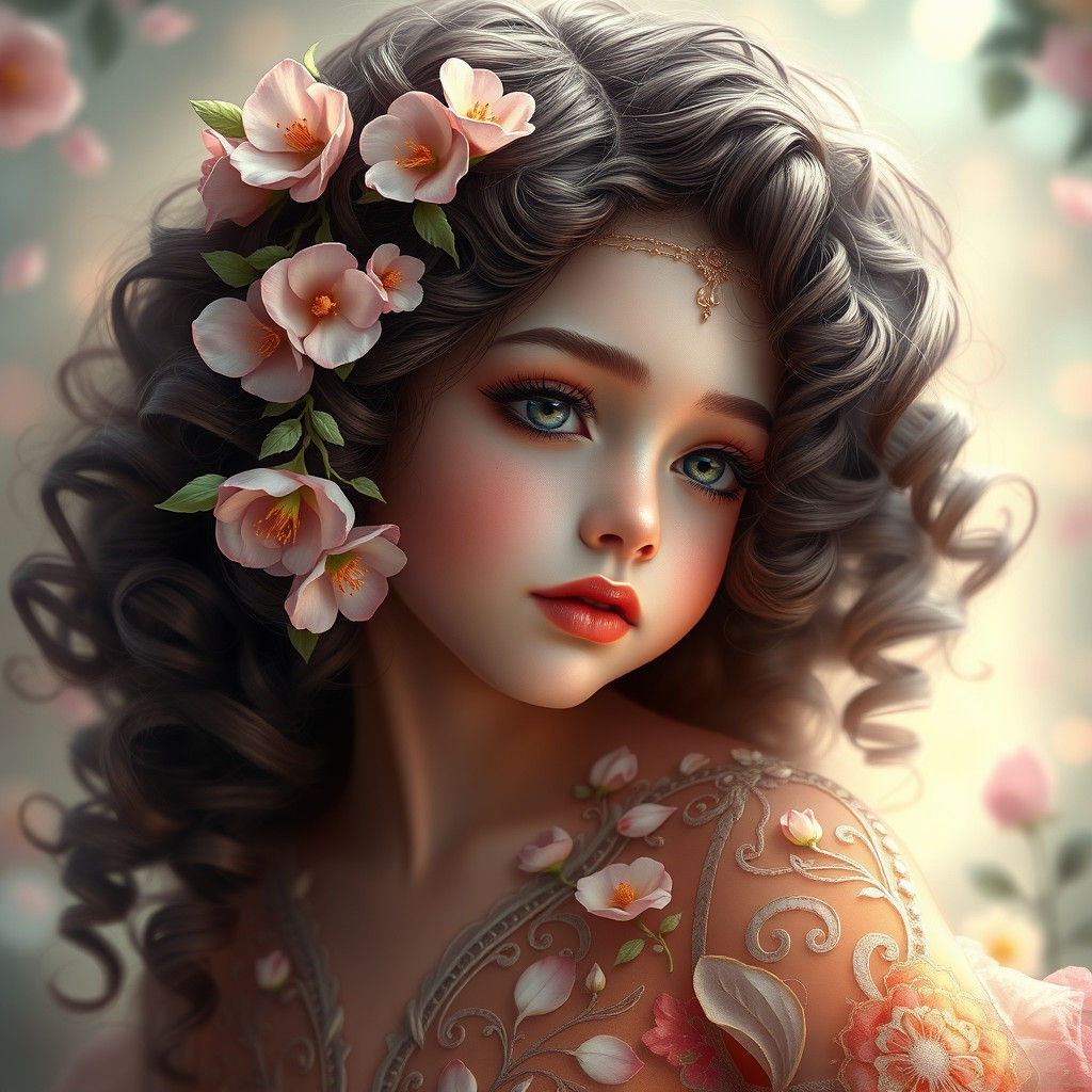 Enchanting Flower Girl Portrait in Art Nouveau Style