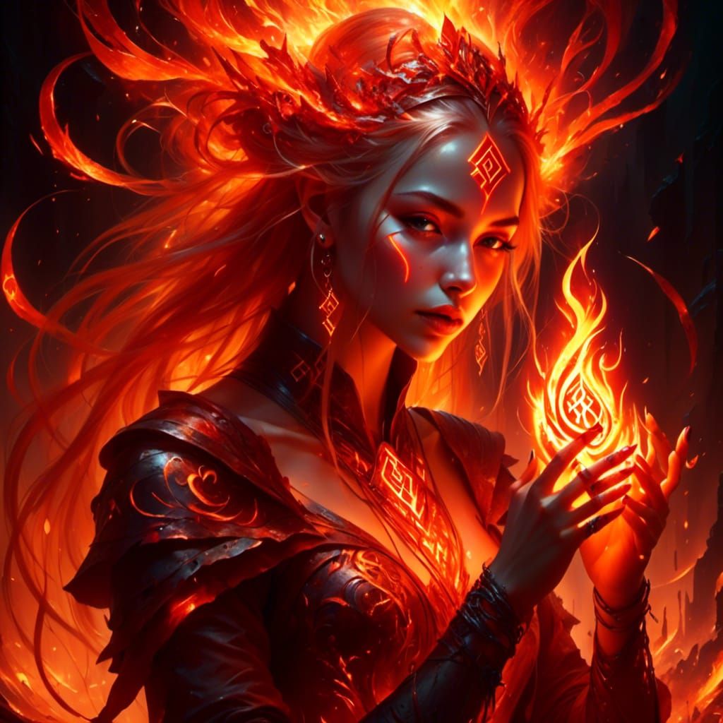 Fiery Sorceress Wielding Runes of Power