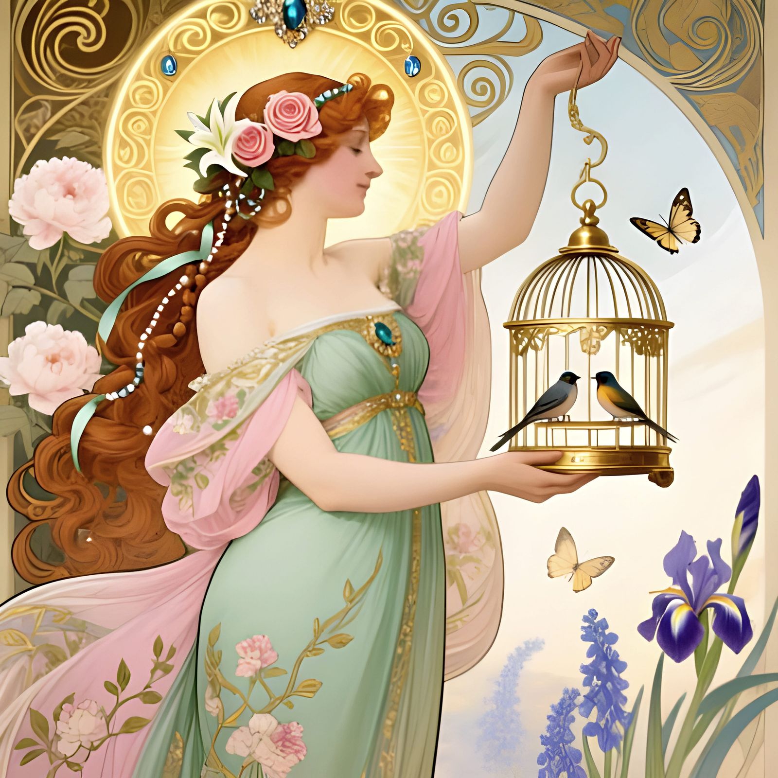 Art Nouveau Woman Holding Birdcage in Mucha Style
