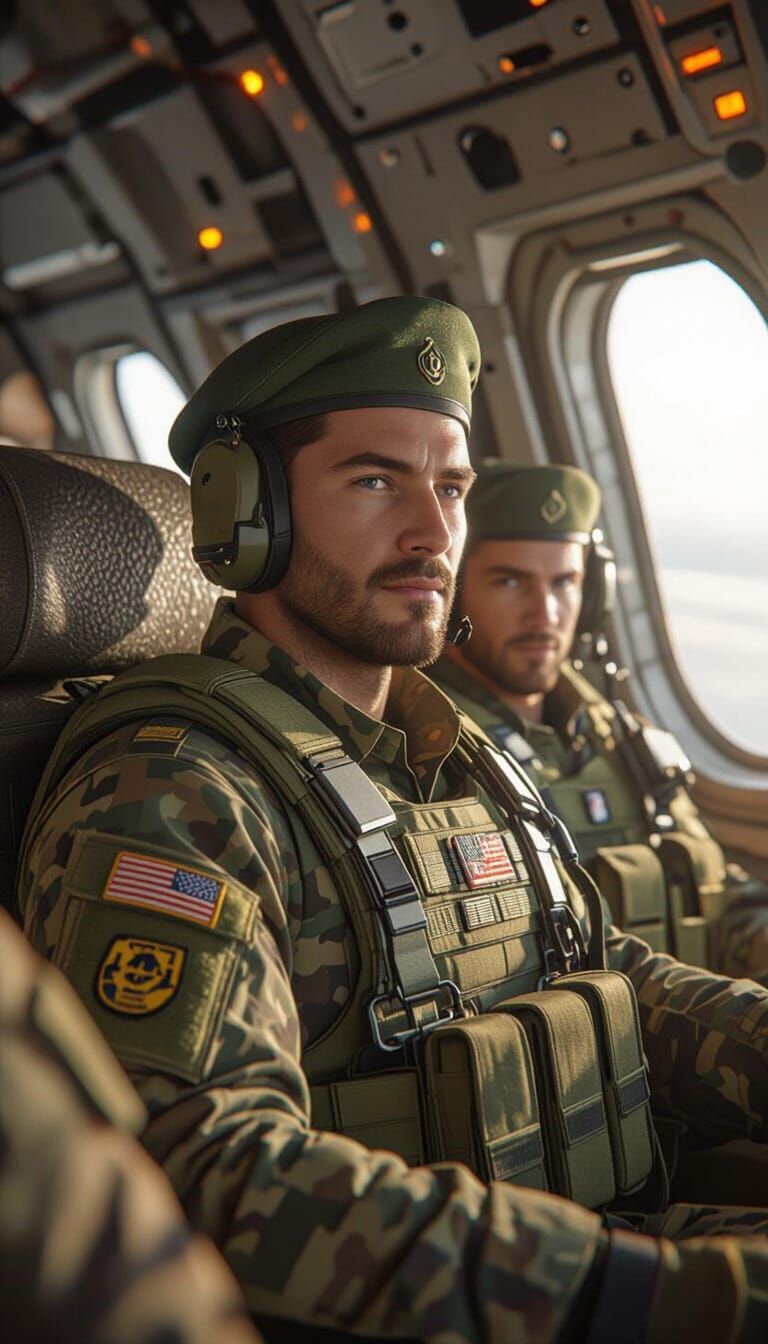 Army Personnel Soaring on Military Plane in 3D Graphics