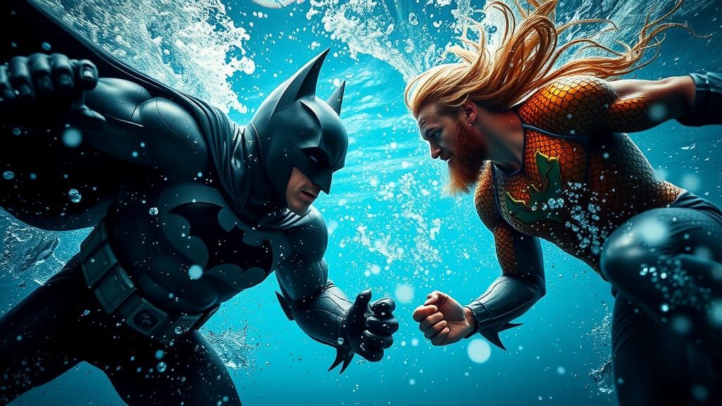 Batman vs Aquaman Underwater Fight: Hyperrealistic Photograp...