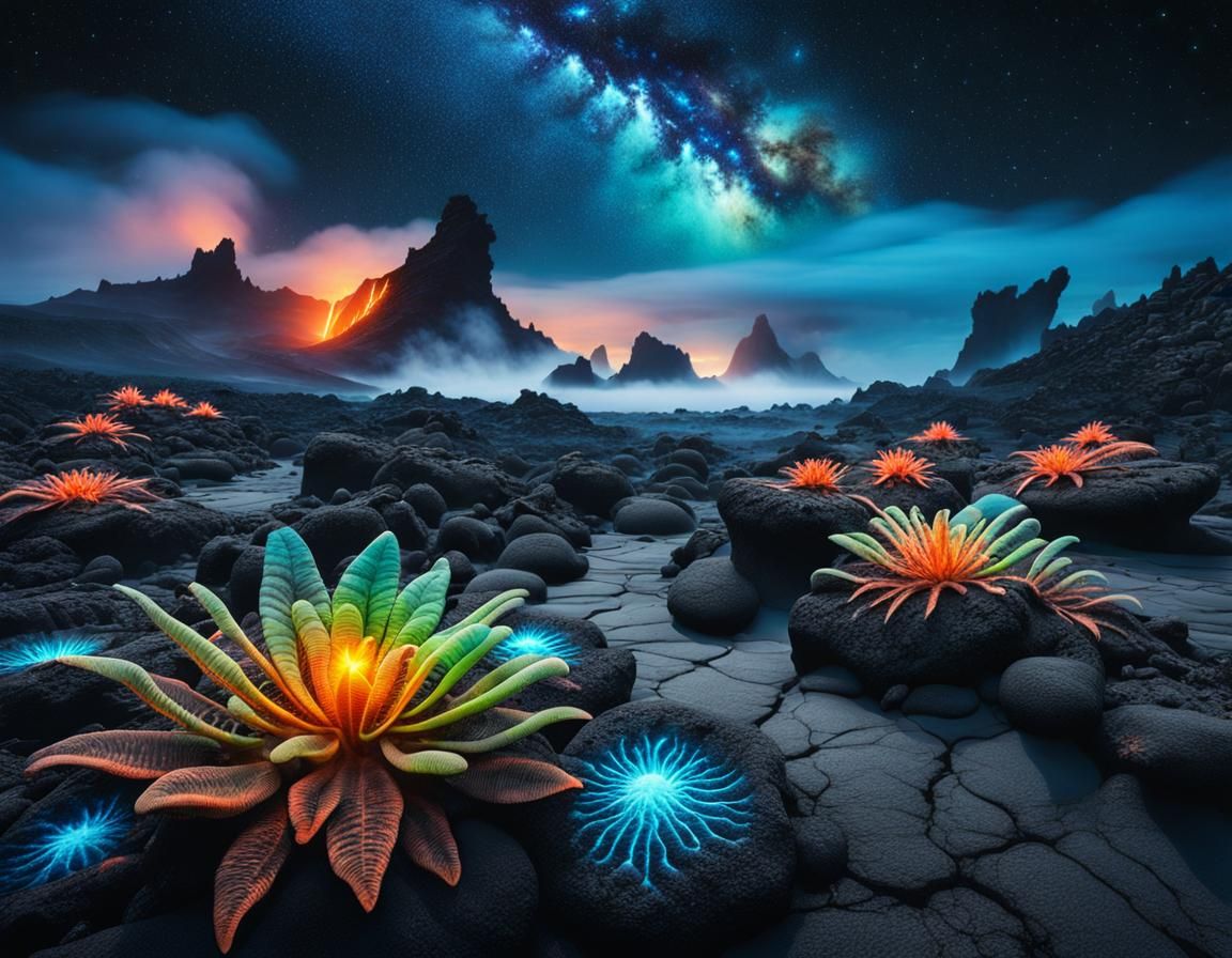 Bioluminescent Alien Flora in Volcanic Landscape
