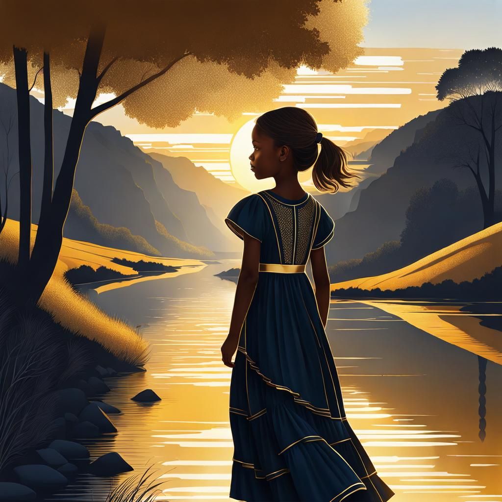 Girl Walking by River: Digital Art with Golden Sun