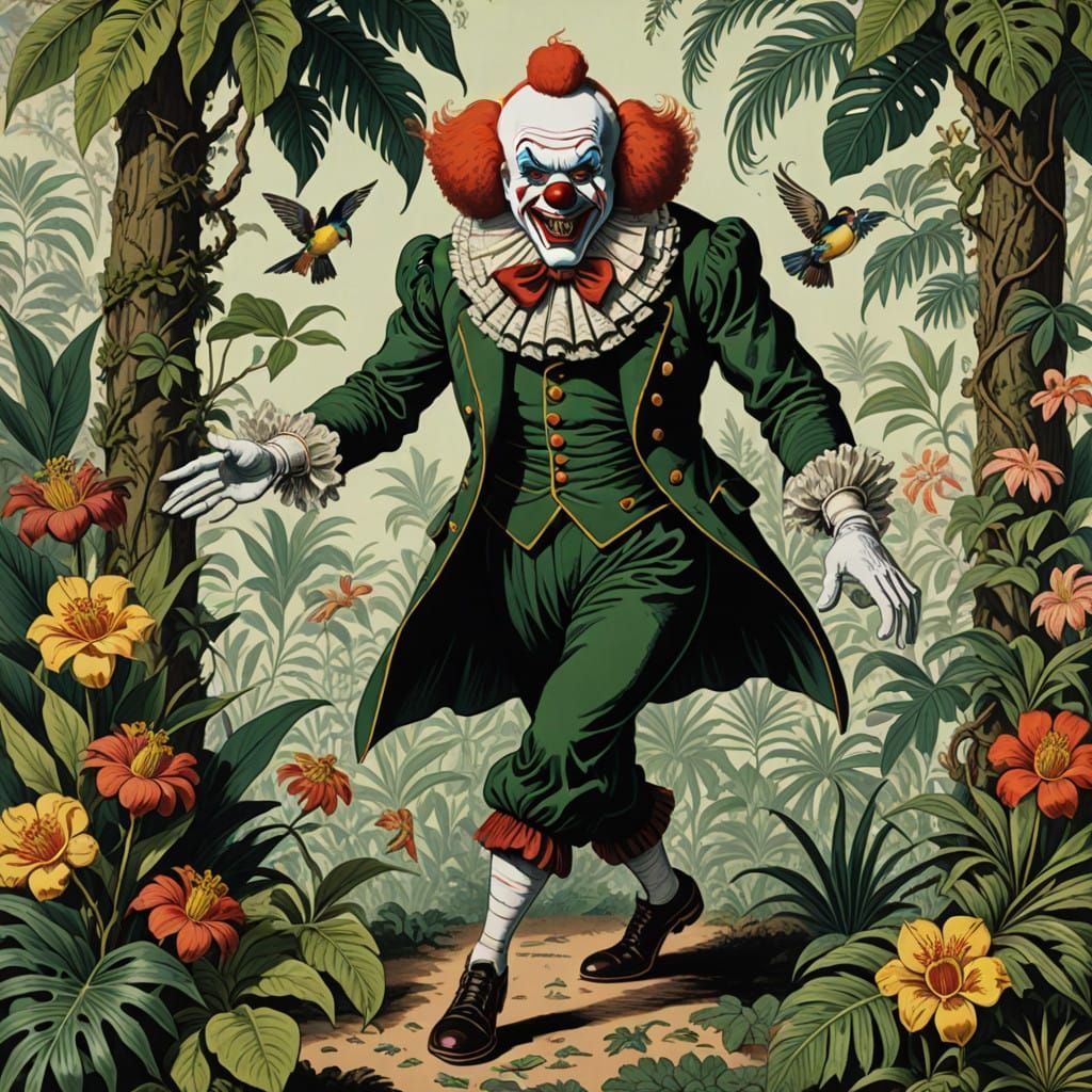 Menacing Dancing Clown in Tropical Landscape