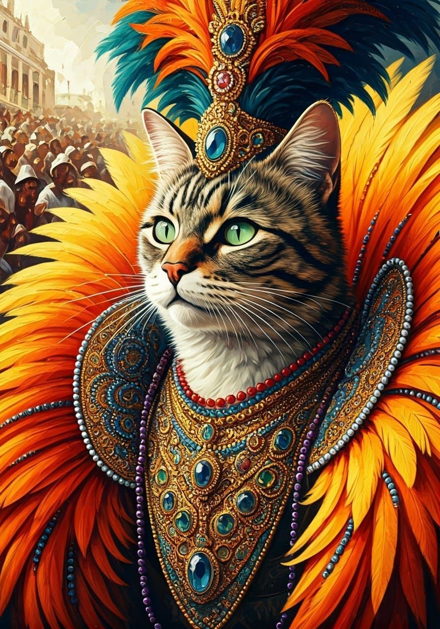 Feline Mardi Gras Majesty in Vibrant Carnival Splendor