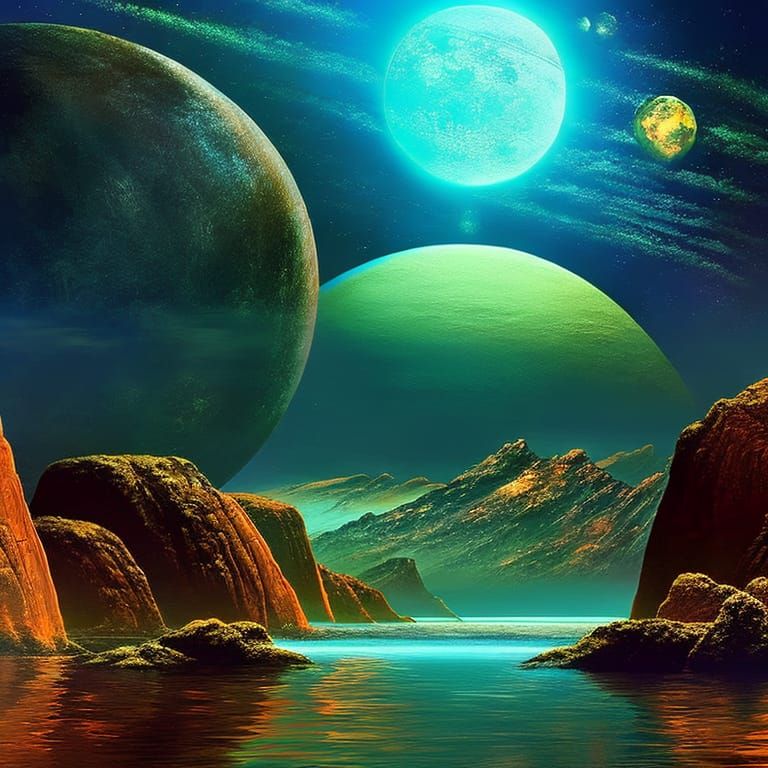 Planetary Reflections Under Moonlight: Digital Art