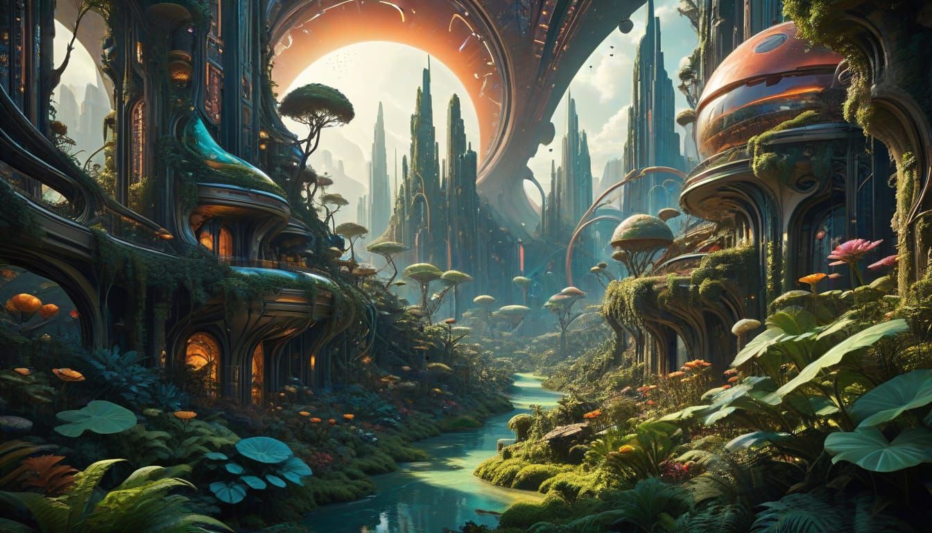 Exoplanet Cityscape in Whimsical Art Nouveau Style