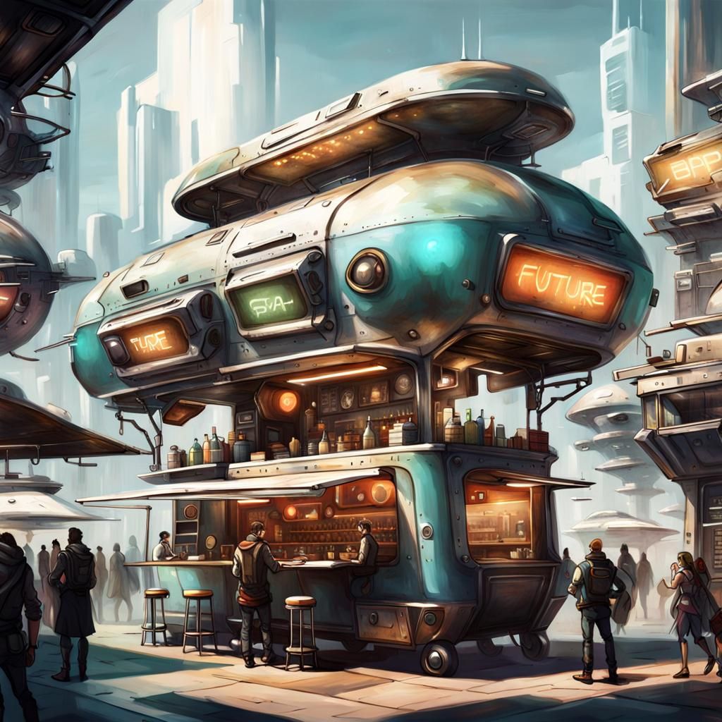Steampunk Food Truck in Futuristic Space
