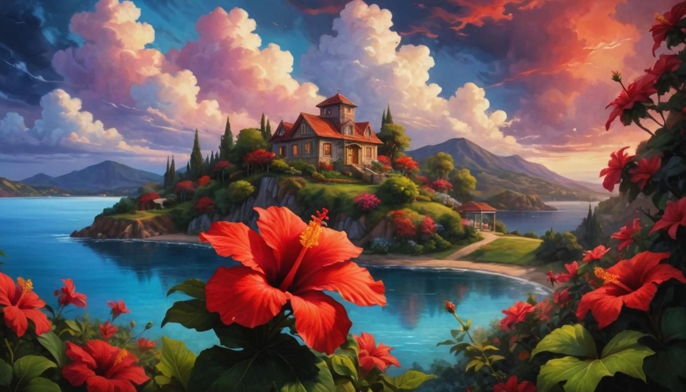 Red Hibiscus in a Photorealistic Island Landscape
