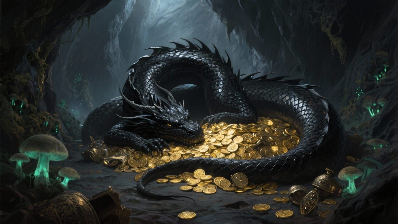 Massive Black Dragon Sleeps on Gold in Dark Fantasy Cavern