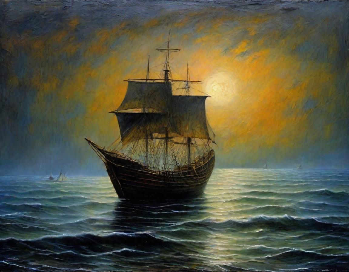 Ghostly Ship of the Sea in Moody Neo-Impressionist Style