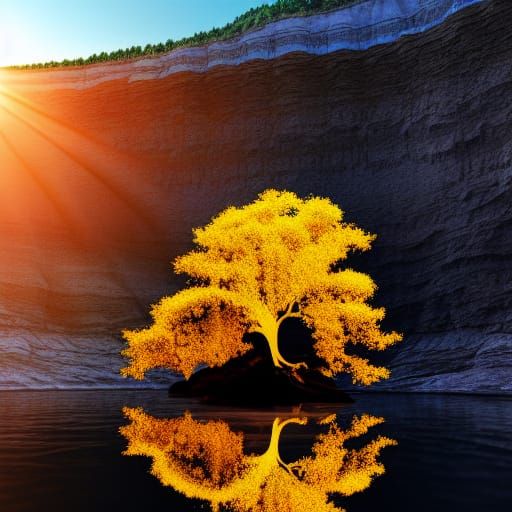 Glowing Golden Tree in Crater at Sunset