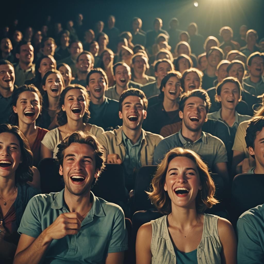 People Laughing at Movie in Dimly Lit Theater