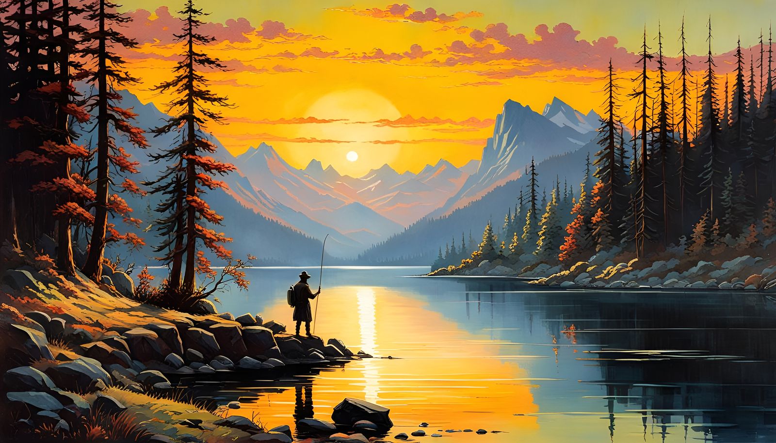 Mountain Lake Sunrise: Folk Art Oil Painting