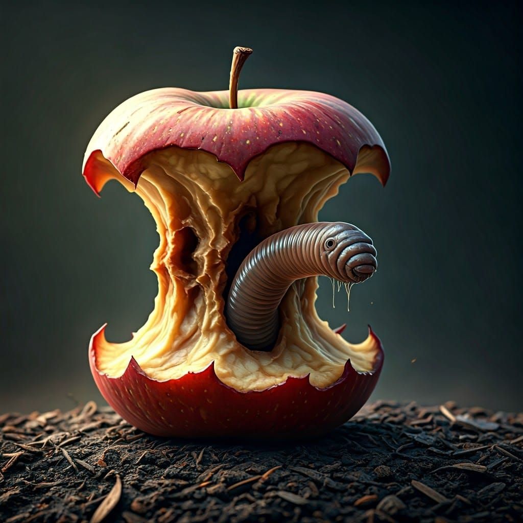 Grotesque, Hyper-Realistic Apple Core Scene with Earthworm
