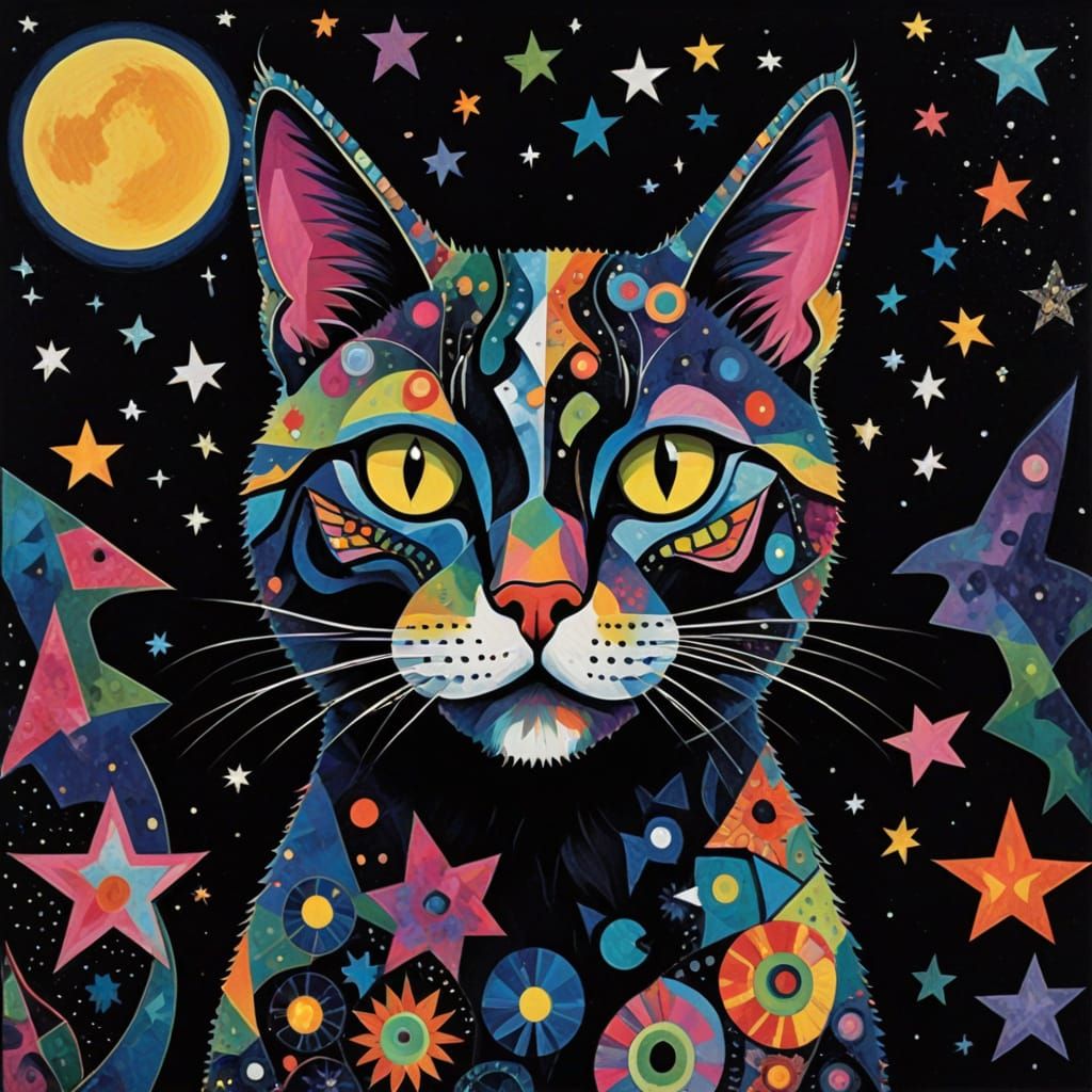 Surreal Black Cat in Cosmic Night Sky