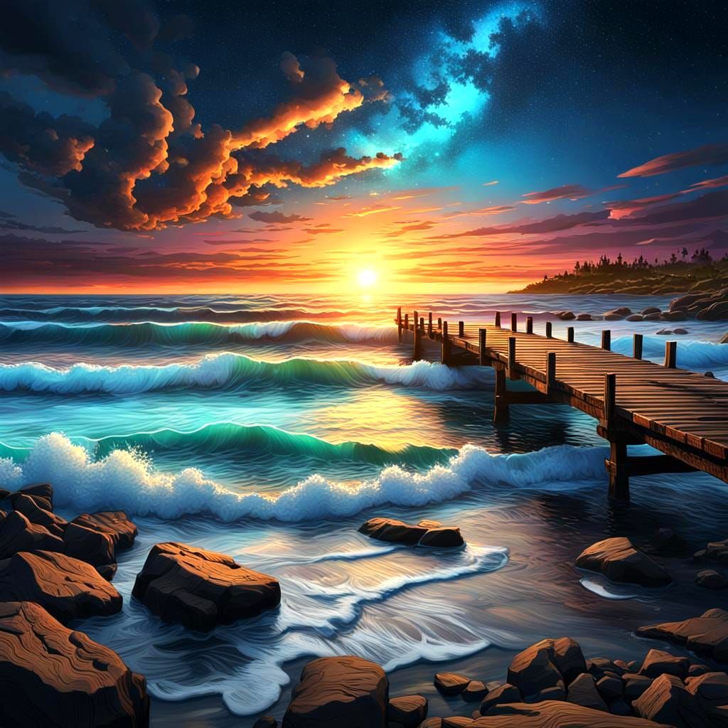 Colorful Sunset Over Rocky Shoreline and Pier