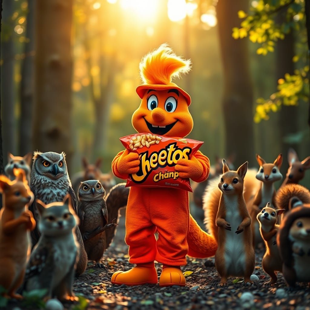 Vibrant Cheetos Mascot Sells Snacks in Whimsical Forest Gath...