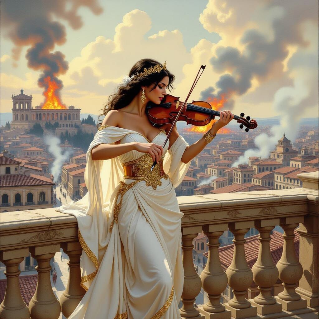 Woman Plays Violin as Rome Burns