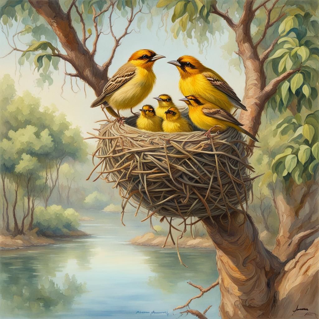 Baya Weaver Nest in Watercolor Cartoon Style