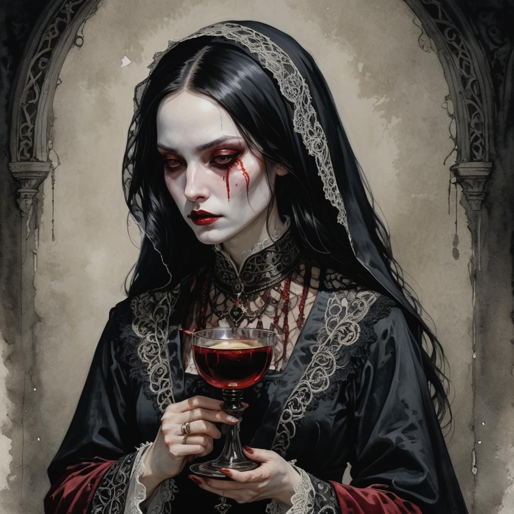 Young evil gothic nun, wearing gothic crimson and black velv...