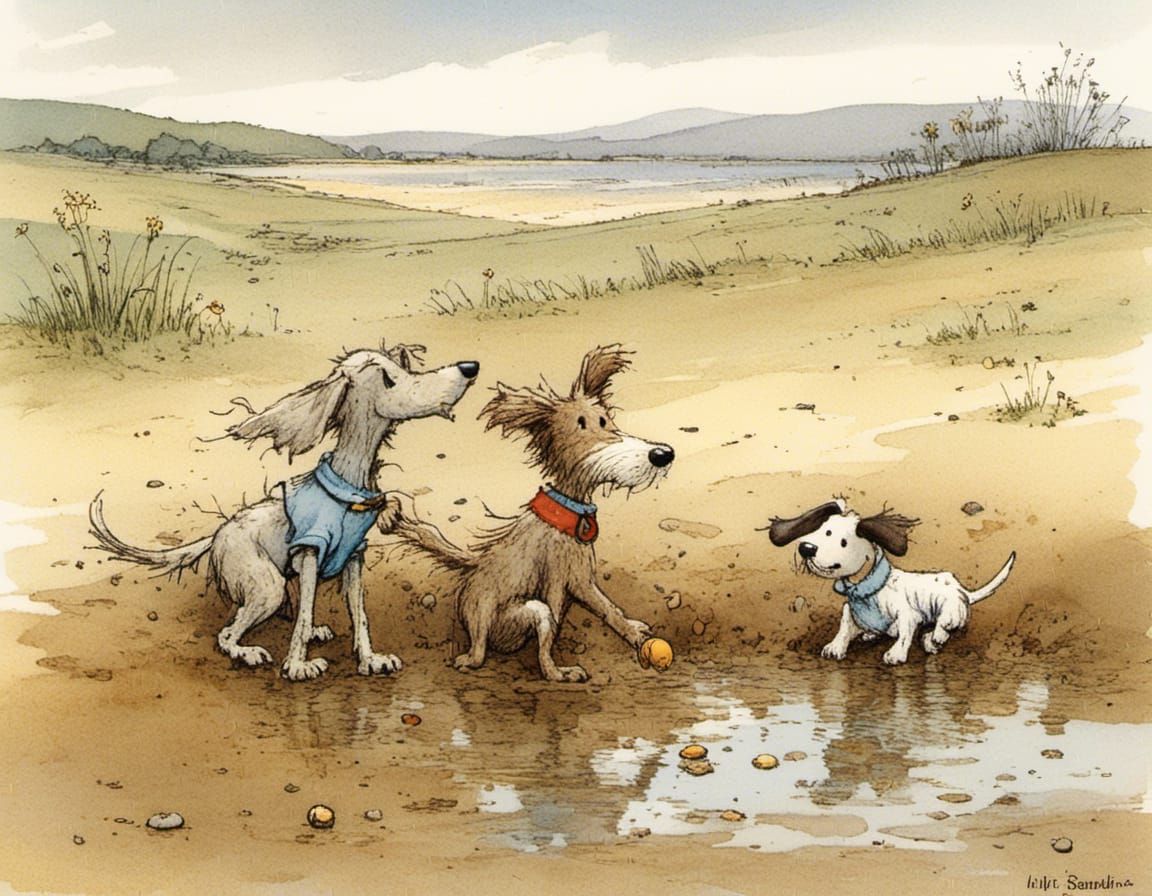 Dogs Playing in Mud: Storybook Illustration