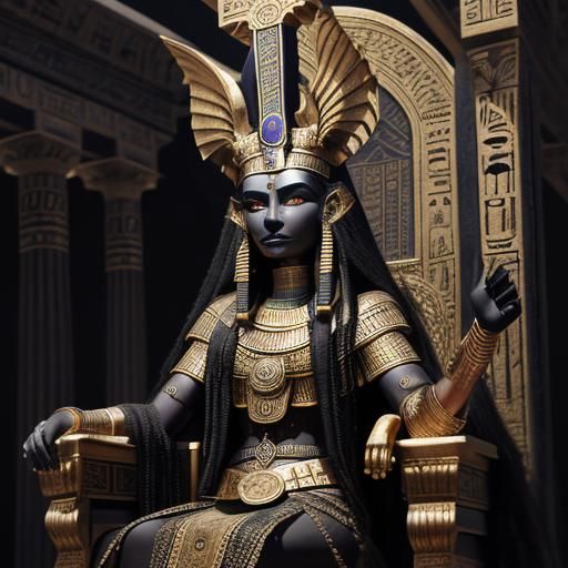 Sekhmet on Throne: Hyperdetailed Charcoal Drawing