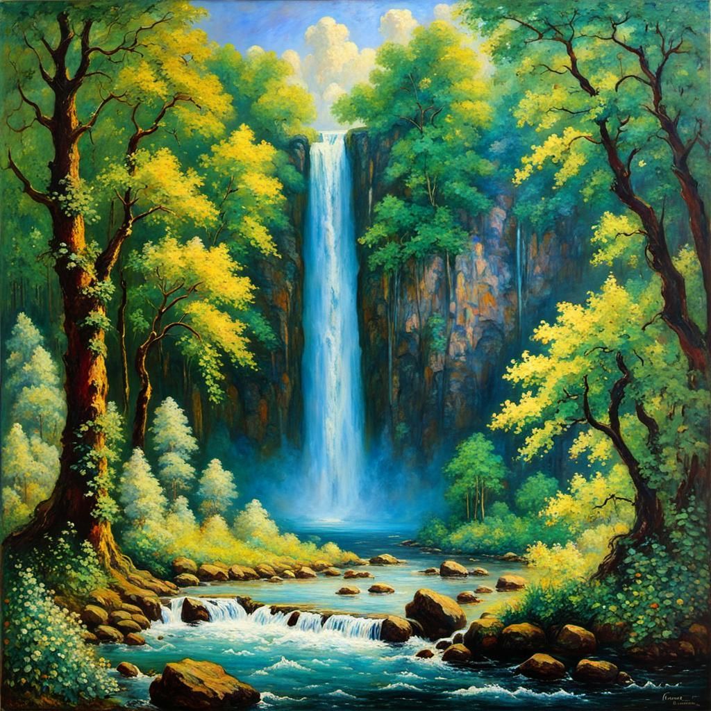 Radiant Waterfall in Summer Wonderland Landscape