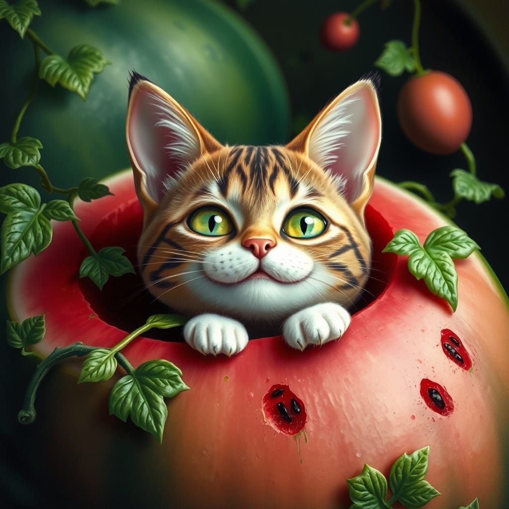 Whimsical Cat Emerge from Watermelon in Vibrant Dreamlike Sc...
