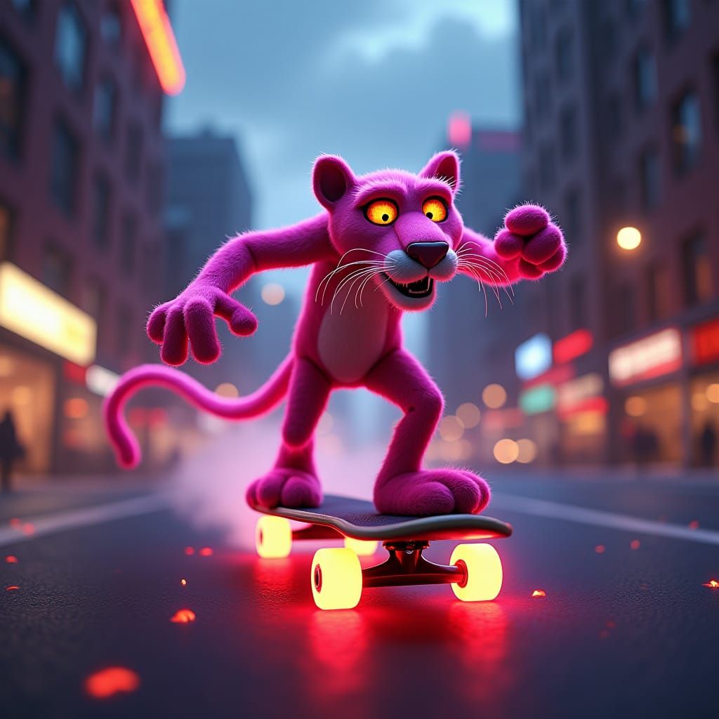 Pink Panther Skateboard Adventure in Neon City