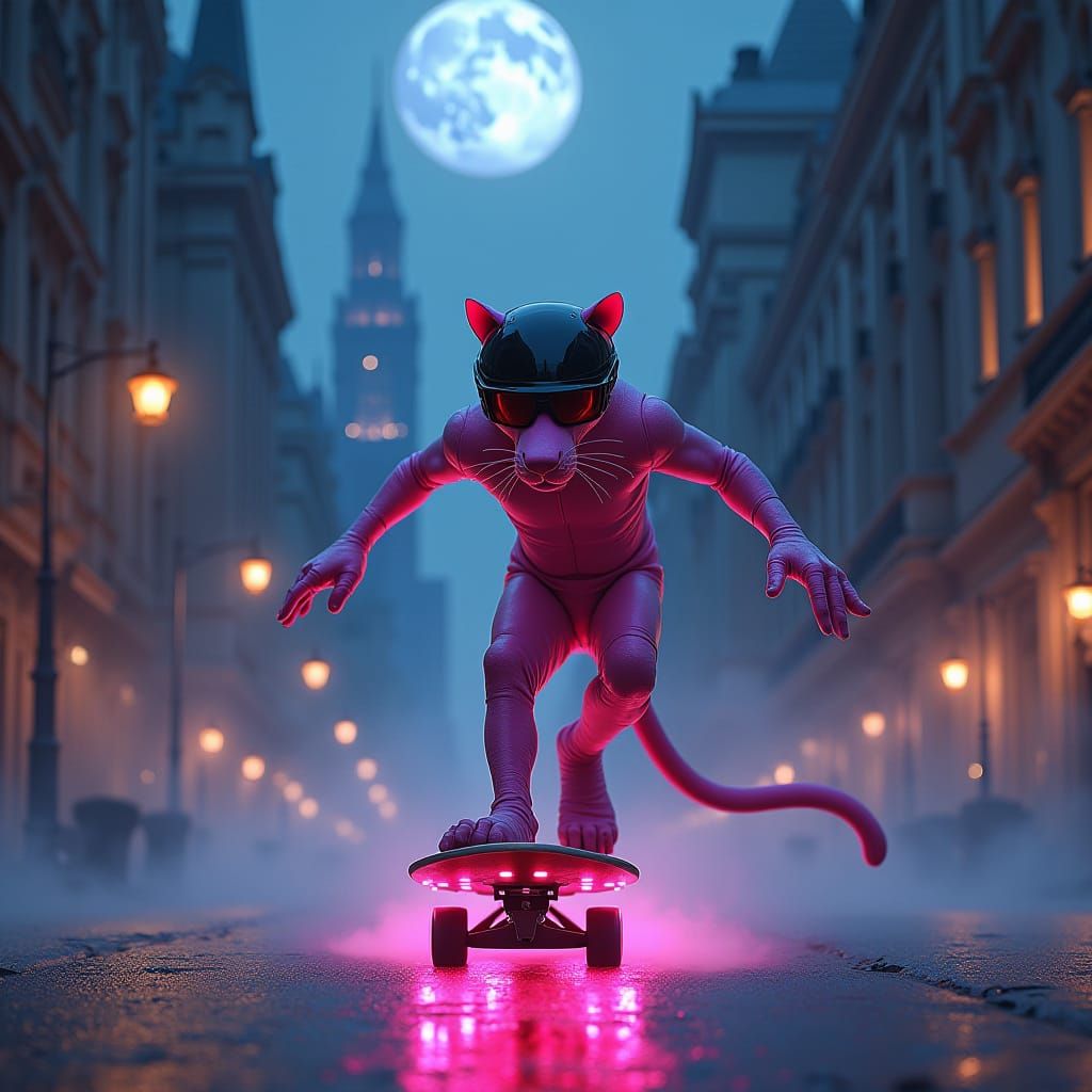 Pink Panther Glides Through Cyberpunk Cityscape