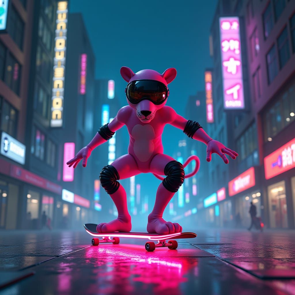 Pink Panther Skates Through Metropolis in Cyberpunk Style