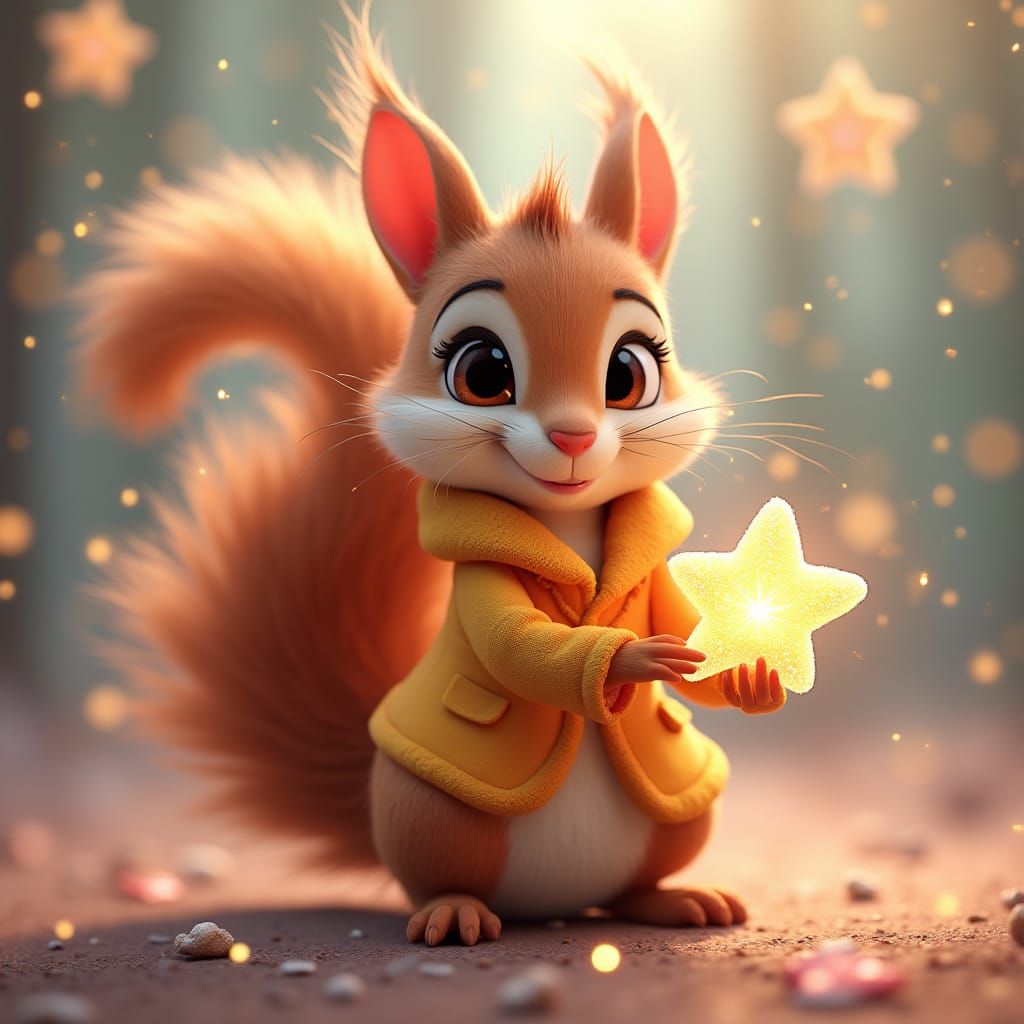 Squirrel Stealing Stars in Pixar Style