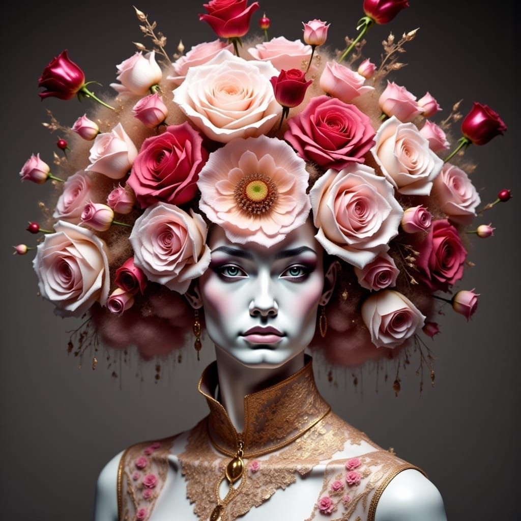 Haute Couture Hat with Flowers and Gold Filigree