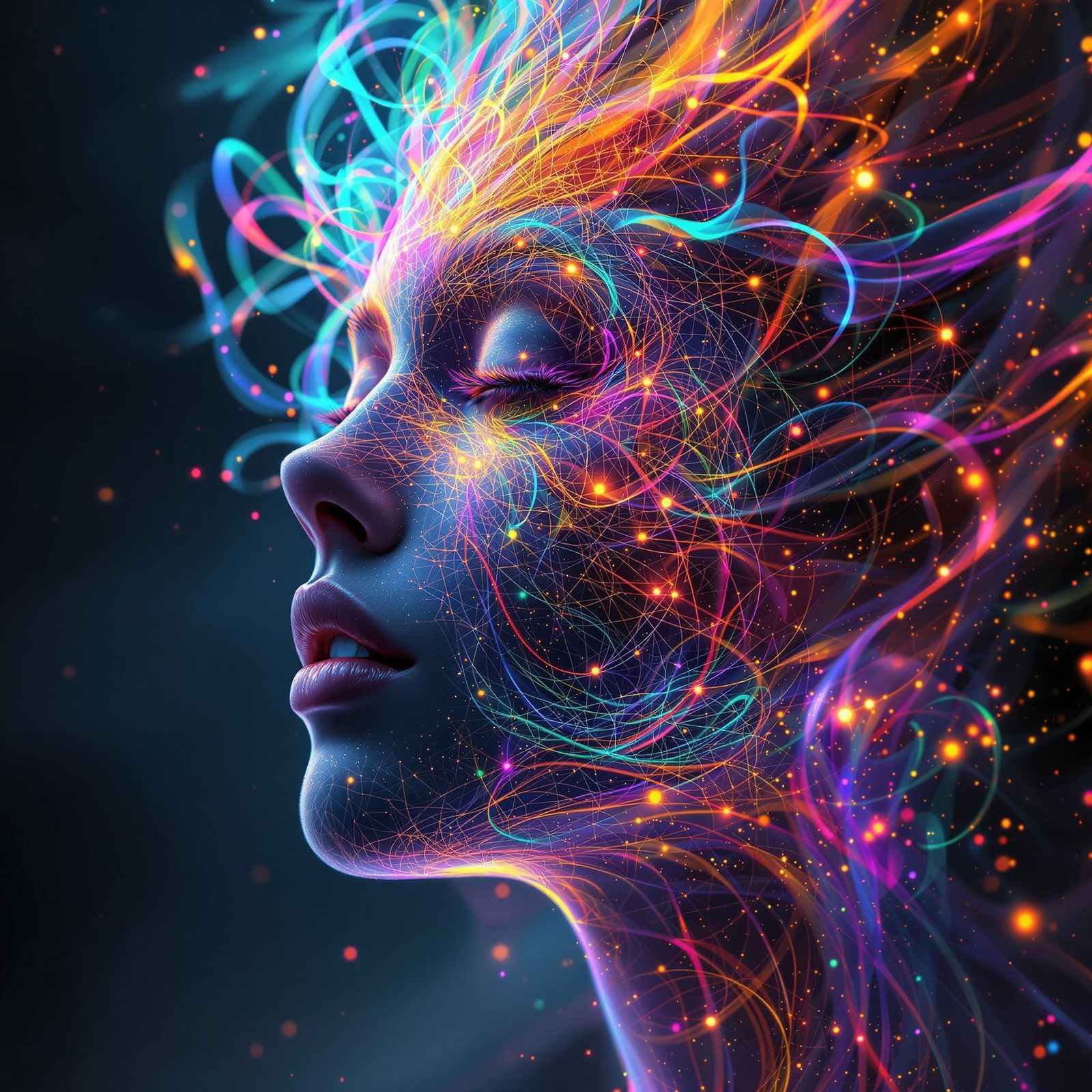 Rainbow Woman: Dynamic Light and Color Portrait