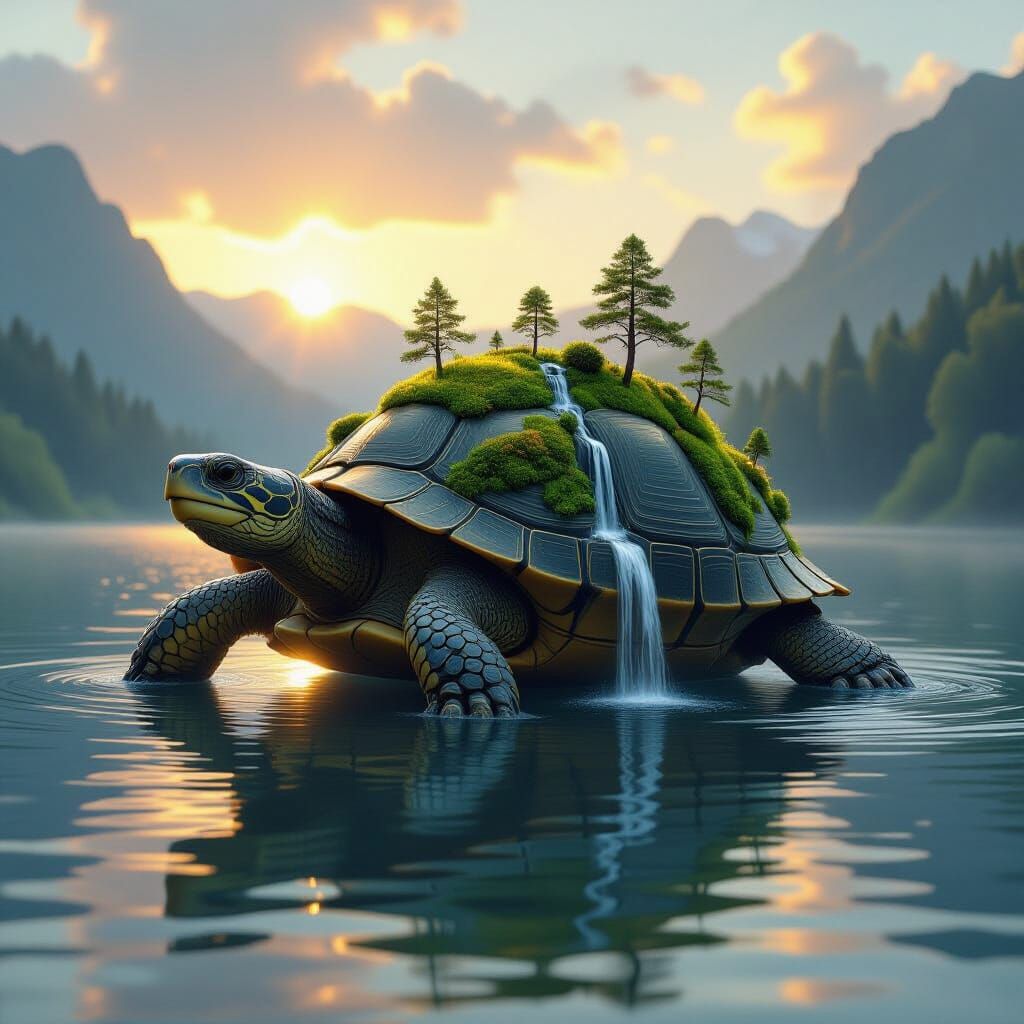 Ancient Turtle Carries Ecosystem Across Serene Lake at Dawn