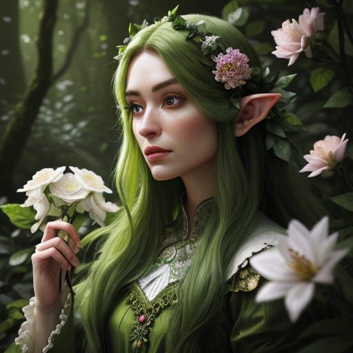 Hyperrealistic Female Elf in Forest, Surrounded by Glowing F...