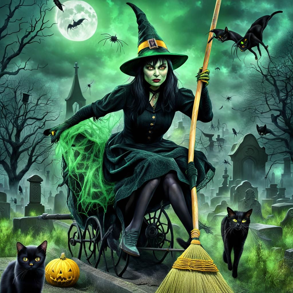 Hyperrealistic Witch and Cat in Graveyard